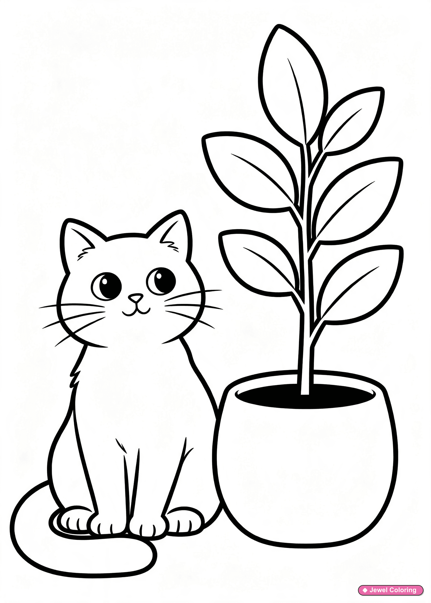 Cat Beside Potted Plant Coloring Page printable cats coloring page